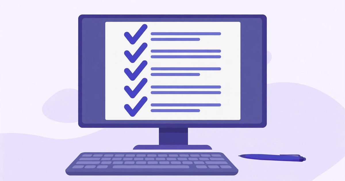 Illustration of a computer monitor showing a document with a checklist of violet check marks
