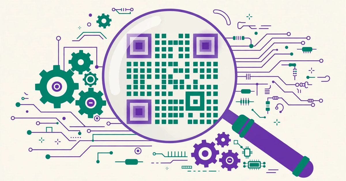Illustration of a QR code magnified under a magnifying glass showing its grid modules