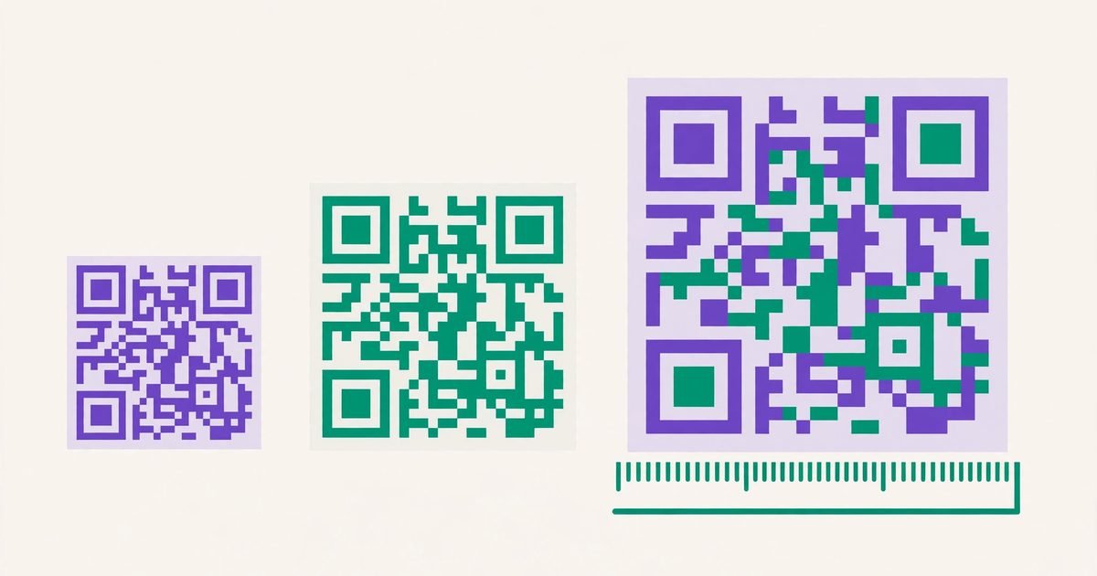 Illustration of three QR codes of increasing size with a ruler measuring the largest