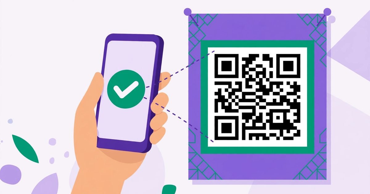 Illustration of a hand holding a smartphone scanning a QR code on a poster